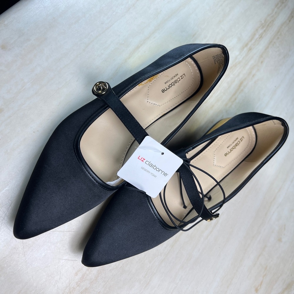 Liz Claiborne Black Satin Pointed Toe Mary Jane Flats with Gold Heel Memory 8.5 - Picture 11 of 12